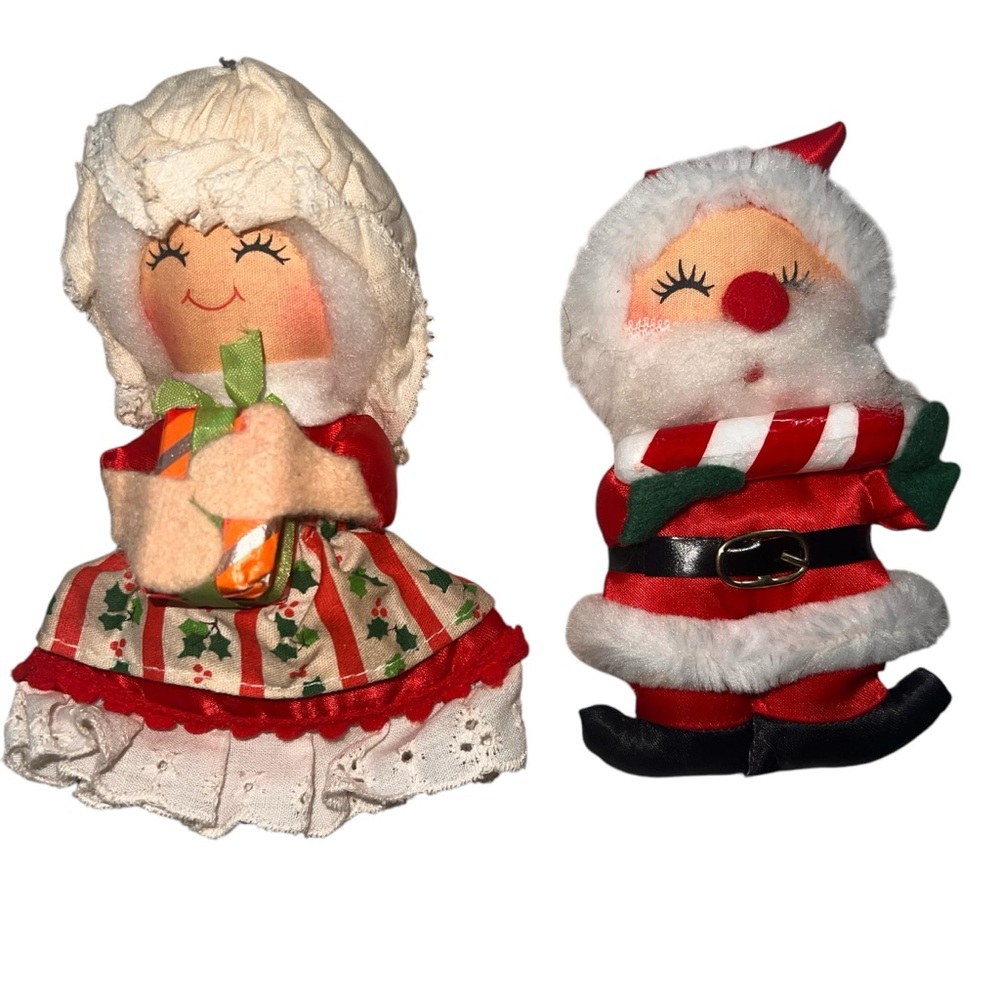Vintage Russ Berrie Santa and Mrs Claus Soft Ornaments Christmas